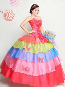 Custom Fit Strapless Sleeveless Sweet 16 Quinceanera Dress Floor Length Appliques and Ruffled Layers Multi-color Organza