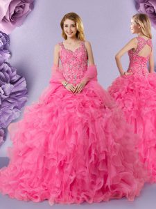 Straps Sleeveless Lace Up Floor Length Lace Sweet 16 Quinceanera Dress