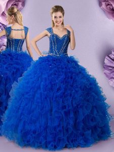 Luxury Royal Blue Ball Gowns Straps Cap Sleeves Tulle Floor Length Lace Up Beading and Ruffles 15th Birthday Dress