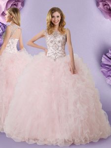 Scoop Baby Pink Sleeveless Lace Floor Length Sweet 16 Dresses