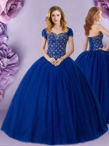 Beading Party Dress for Girls Royal Blue Lace Up Sleeveless Floor Length