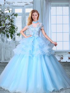 Exceptional SeeThrough Light Blue High-neck Lace Up Appliques and Ruffled Layers Sweet 16 Quinceanera Dress Short Sleeves