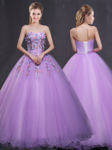 Simple Lavender Ball Gowns Sweetheart Sleeveless Tulle Floor Length Lace Up Appliques Sweet 16 Dresses