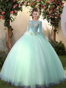 New Arrival Scoop Tulle Long Sleeves Floor Length 15th Birthday Dress and Appliques