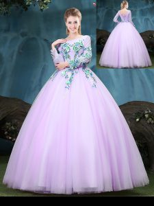 Lilac Ball Gowns Scoop Long Sleeves Tulle Floor Length Lace Up Appliques Quinceanera Gowns