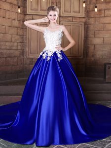 Scoop Appliques Quinceanera Dress Royal Blue Lace Up Sleeveless With Train Court Train