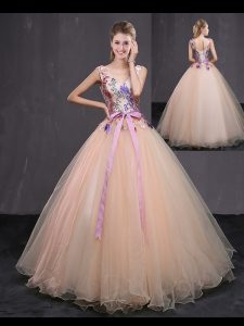 Fantastic Peach Ball Gowns Appliques and Belt 15th Birthday Dress Lace Up Tulle Sleeveless Floor Length