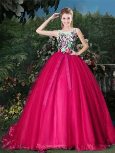 Hot Pink Ball Gown Prom Dress Military Ball and Sweet 16 and Quinceanera and For with Appliques and Belt Scoop Sleeveless Brush Train Zipper