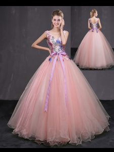 Fantastic Baby Pink Ball Gowns Tulle V-neck Sleeveless Appliques and Belt Floor Length Lace Up Sweet 16 Quinceanera Dress