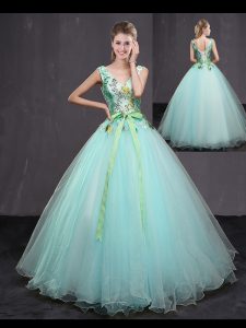 Ball Gowns Sweet 16 Quinceanera Dress Aqua Blue V-neck Tulle Sleeveless Floor Length Lace Up