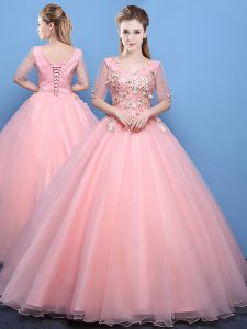 Floor Length Baby Pink Quinceanera Gown V-neck Half Sleeves Lace Up