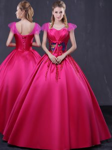 Captivating Cap Sleeves Floor Length Lace Up Womens Party Dresses Hot Pink for Military Ball and Sweet 16 and Quinceanera with Appliques