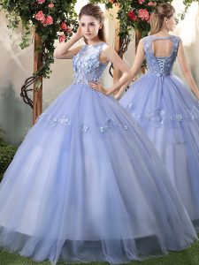 Enchanting Floor Length Lavender 15 Quinceanera Dress Tulle Sleeveless Appliques
