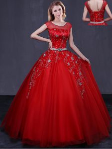 Best Red Ball Gowns Tulle Scoop Cap Sleeves Beading and Belt Floor Length Lace Up Ball Gown Prom Dress