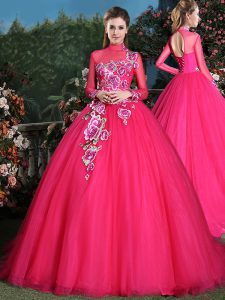 Attractive High-neck Long Sleeves Tulle Ball Gown Prom Dress Appliques Brush Train Lace Up