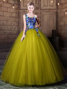 Charming One Shoulder Floor Length Ball Gowns Sleeveless Olive Green Vestidos de Quinceanera Lace Up
