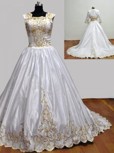 White Ball Gowns Taffeta Square Sleeveless Embroidery With Train Zipper Quince Ball Gowns Brush Train