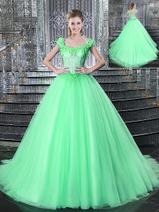 Graceful Apple Green Straps Neckline Beading and Appliques Sweet 16 Quinceanera Dress Sleeveless Lace Up