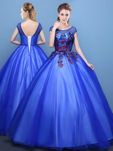 Superior Scoop Cap Sleeves Floor Length Lace Up Quince Ball Gowns Royal Blue for Military Ball and Sweet 16 and Quinceanera with Appliques
