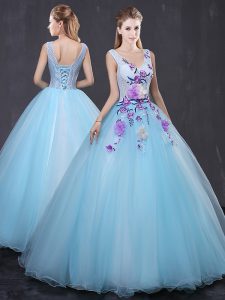 Decent Sleeveless Floor Length Lace and Appliques Lace Up Quinceanera Gowns with Light Blue