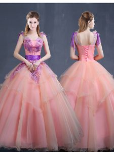 Sumptuous Watermelon Red Organza Lace Up 15 Quinceanera Dress Sleeveless Floor Length Appliques
