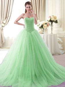 Trendy Tulle Sweetheart Sleeveless Brush Train Lace Up Beading Sweet 16 Dresses in Apple Green