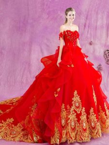 Extravagant Off the Shoulder Red Sleeveless With Train Beading and Appliques and Ruffles Lace Up Sweet 16 Dresses