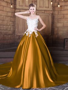 Sexy Scoop Sleeveless Elastic Woven Satin Floor Length Court Train Lace Up Vestidos de Quinceanera in Gold with Lace and Appliques