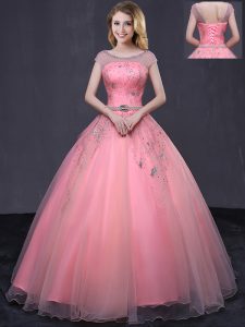 Spectacular Watermelon Red Ball Gowns Scoop Cap Sleeves Tulle Floor Length Lace Up Beading and Belt Ball Gown Prom Dress