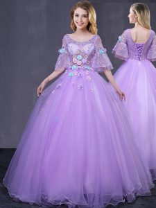 Scoop Lavender Ball Gowns Lace and Appliques 15th Birthday Dress Lace Up Tulle Half Sleeves Floor Length