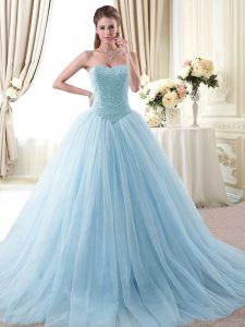 Noble Floor Length Light Blue Quinceanera Gown Tulle Sleeveless Beading