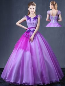 Lavender Ball Gowns Organza V-neck Short Sleeves Lace and Appliques Floor Length Lace Up Quince Ball Gowns