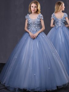 Hot Selling Scoop Tulle Short Sleeves Floor Length 15th Birthday Dress and Appliques