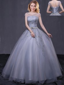 Scoop Grey Tulle Lace Up Sweet 16 Dresses Cap Sleeves Floor Length Beading and Belt