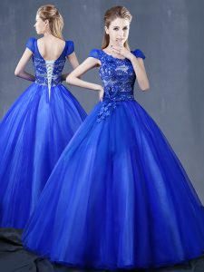 Exquisite Ball Gowns Ball Gown Prom Dress Royal Blue V-neck Organza Short Sleeves Floor Length Lace Up