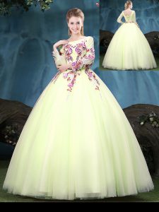 Scoop Yellow Green Tulle Lace Up Quinceanera Gowns Long Sleeves Floor Length Appliques