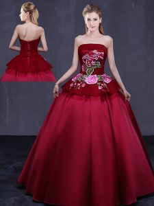 Floor Length Lace Up Quinceanera Dresses Wine Red for Military Ball and Sweet 16 and Quinceanera with Embroidery