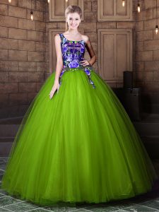 Customized One Shoulder Floor Length Olive Green Quinceanera Dresses Tulle Sleeveless Pattern