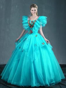 Sexy Ball Gowns Sweet 16 Quinceanera Dress Aqua Blue Sweetheart Organza Sleeveless Floor Length Lace Up