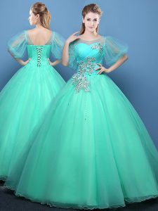 Low Price Scoop Turquoise Ball Gowns Appliques Sweet 16 Quinceanera Dress Lace Up Organza Half Sleeves Floor Length