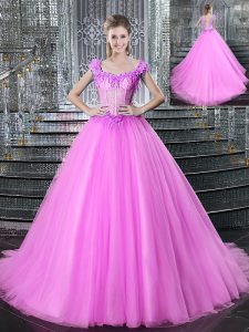 Best Straps With Train Lace Up Sweet 16 Quinceanera Dress Fuchsia for Military Ball and Sweet 16 and Quinceanera with Beading and Appliques Brush Train