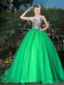 Green Ball Gowns Scoop Sleeveless Organza Brush Train Zipper Appliques and Belt 15 Quinceanera Dress
