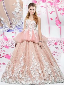 Luxury Scoop Floor Length Ball Gowns Sleeveless Pink Quinceanera Gowns Lace Up