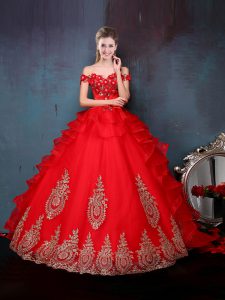 Fabulous Off the Shoulder Red Sleeveless Beading and Appliques and Ruffles Floor Length Quinceanera Gowns