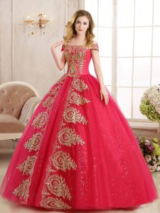 Great Sequins Floor Length Red Ball Gown Prom Dress Off The Shoulder Sleeveless Lace Up