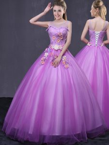Pretty Scoop Floor Length Lilac Womens Party Dresses Tulle Sleeveless Beading and Appliques