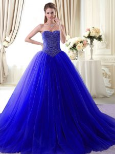 Royal Blue Sleeveless With Train Beading Lace Up Quinceanera Dresses