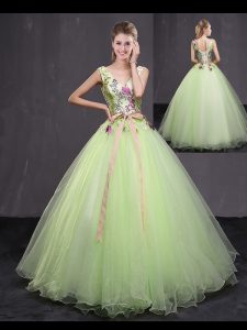 Floor Length Lace Up Quinceanera Dress Yellow Green for Military Ball and Sweet 16 and Quinceanera with Appliques and Belt