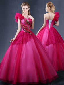 Admirable Floor Length Fuchsia Sweet 16 Dress One Shoulder Sleeveless Lace Up