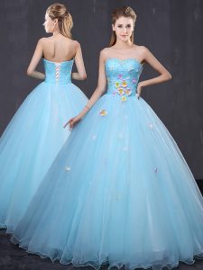 Light Blue Lace Up Quinceanera Dress Beading and Appliques Sleeveless Floor Length